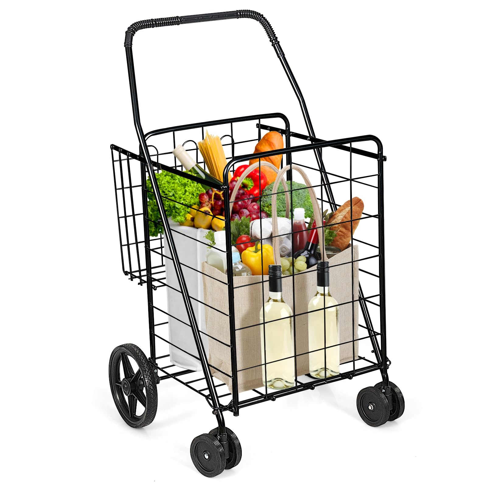 

GYMAX Shopping 4 For Home Load Capacity Double Storage Shopping Space Convenient Easy to Set Travel Cart, Wheels, Foldable, Use, Lightweight, 40kg, чёрный