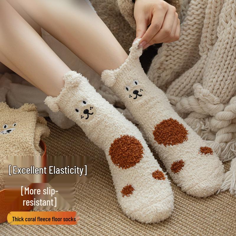 Damskie niegubiące włókien skarpetki z polaru koralowego z motywem kota - Ciepłe, urocze, do połowy łydki na jesień i zimę