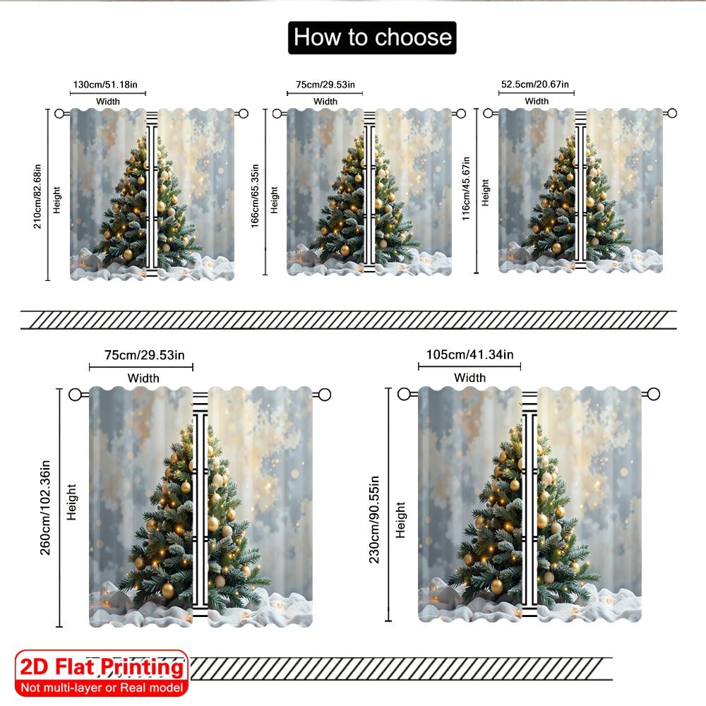 2pcs 2D Flat Printing Christmas Scene Curtain Golden Star Christmas Tree 100% Polyester Without Electricity Festive Curtains