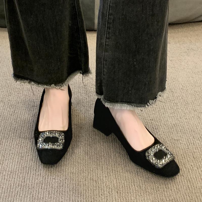 Premium single shoes women's spring new temperament rhinestone high heels thick heel square head shoes