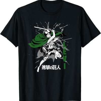 Attack On Titan Levi Swirls Attack Pose and Logo Anime T-Shirt