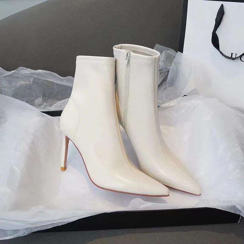 

Жіночі черевики з гострим носком і високими підборами Чоботи на шпильці Шкіряні модні бокові блискавки Елегантні короткі черевики для жінок 37