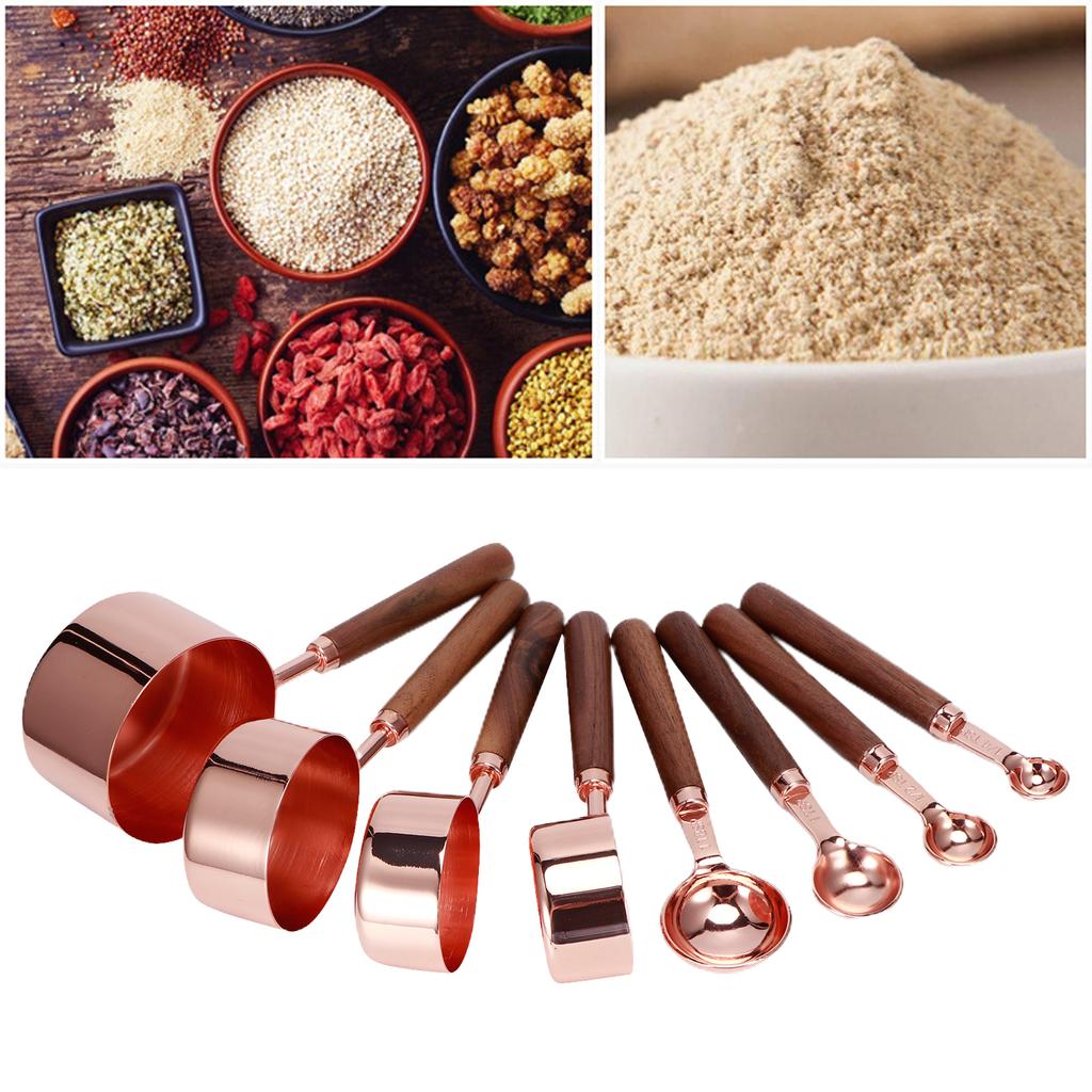 8Pcs Rose Gold Stainless Steel Measuring Spoon Set with Wood Handles Kitchen Baking Accessory