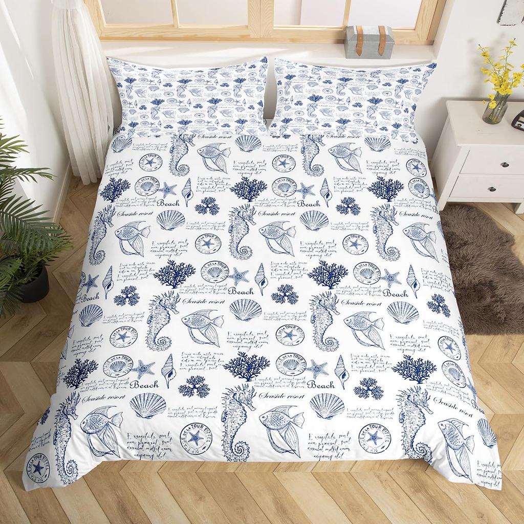Comforter Ocean Coastal Bedding Queen Size Set Conch Seahorse Starfish Coral 3 Pcs For Kids Girls Boys Woman Room Decor