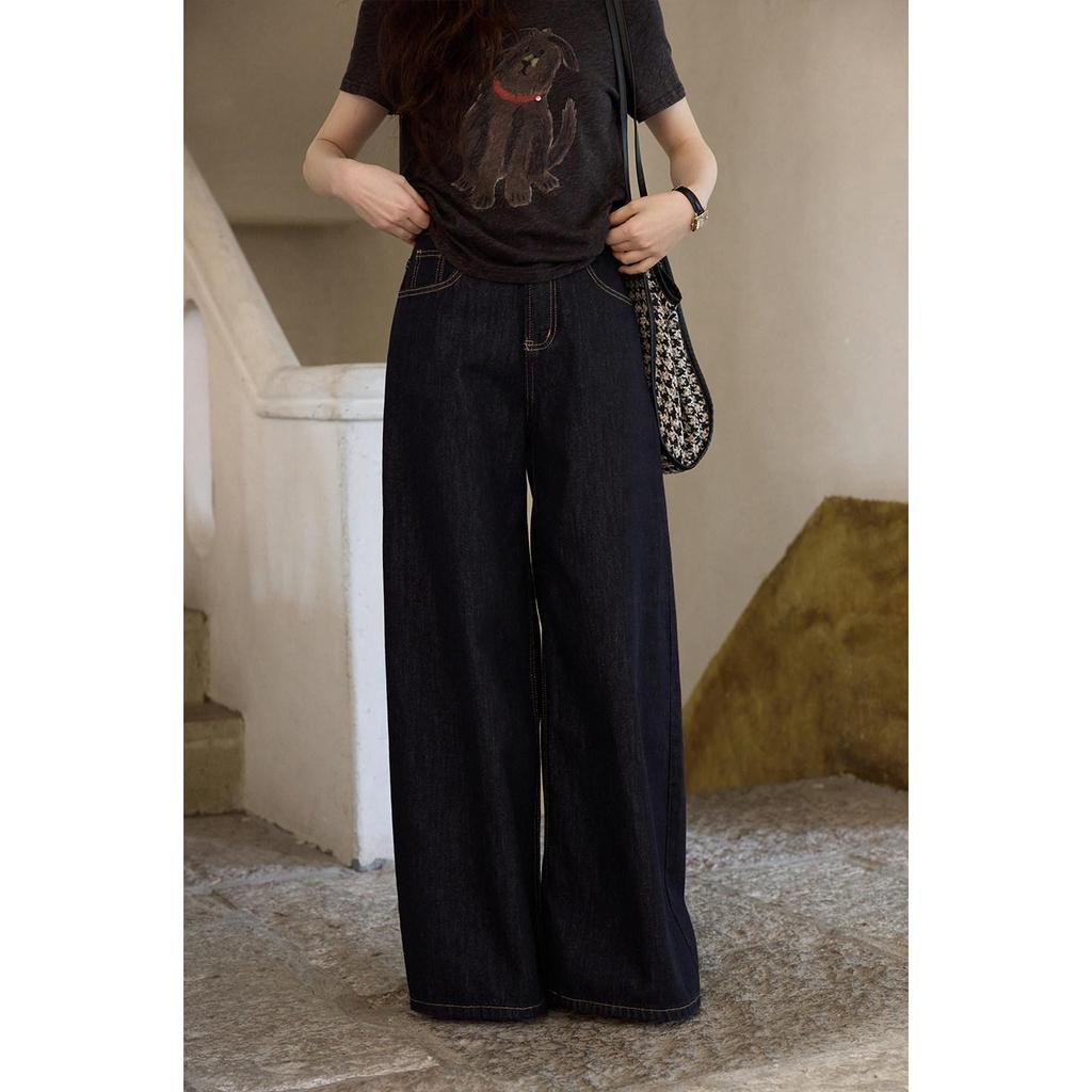 Yimeng 2026 Korean High Waist Wide Leg Retro Jeans in Dark Blue