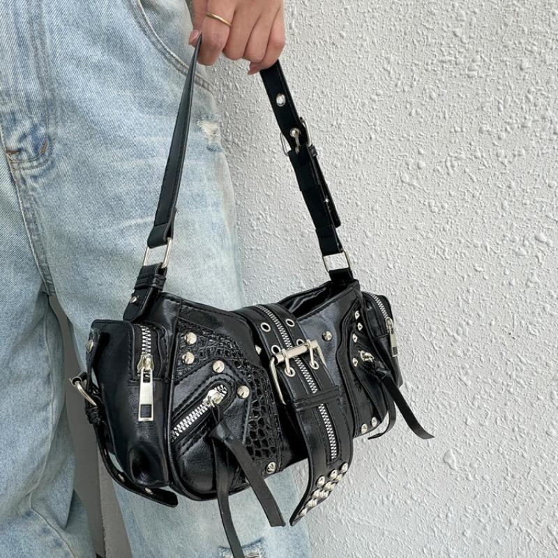 Y2k PU-Leder Gotisch Punk Vintage Damen Schultertasche Nieten Handtasche Hüfttasche Luxus Schwarz Crossbody-Taschen mit Nieten