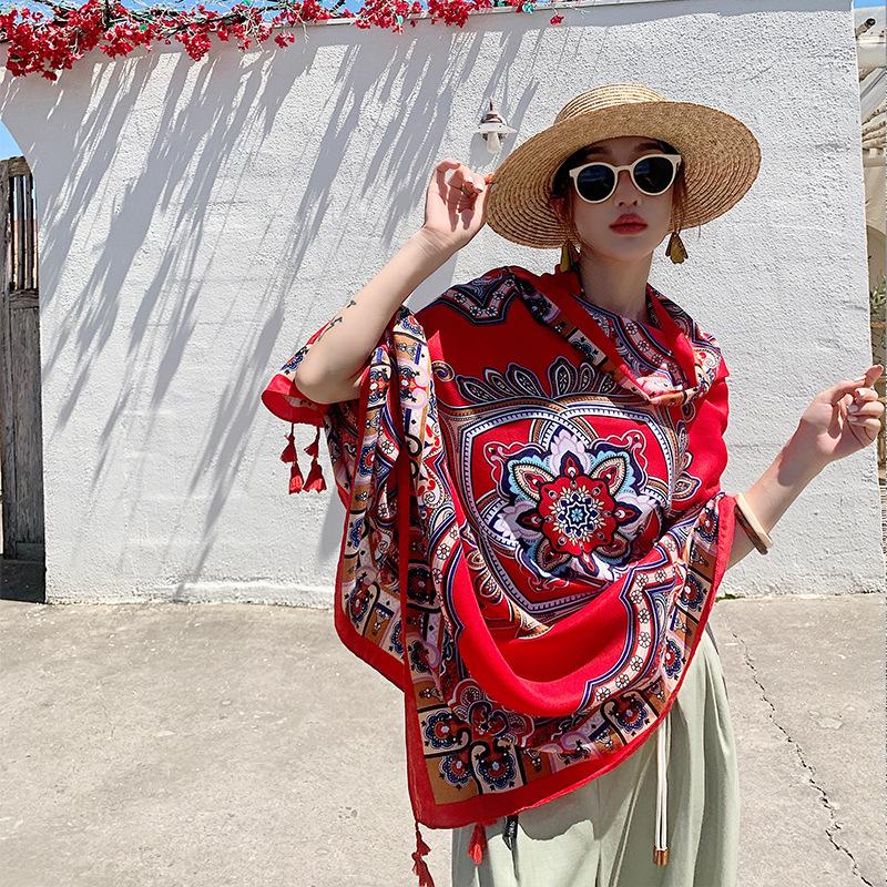Ethnic Shawl Scarf Seaside Sunscreen Beach Silk Scarf Red Big Yarn Women'S Desert Travel Ladies Po Accessories Ladies