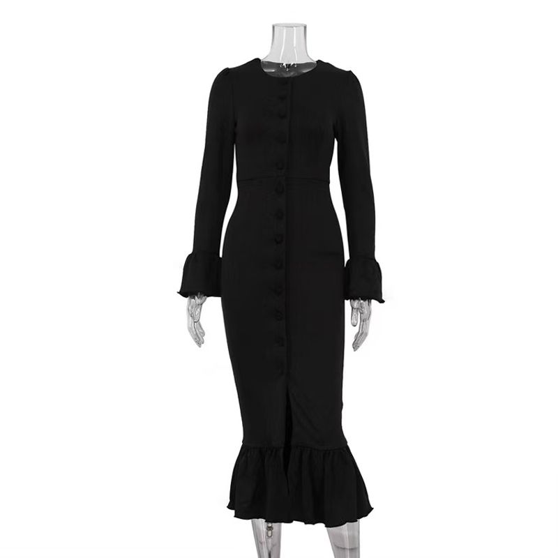 

Fashion Wind Fashion Elegant Split Flare Sleeve Dress round Neck Flared Sleeve Dress Black M