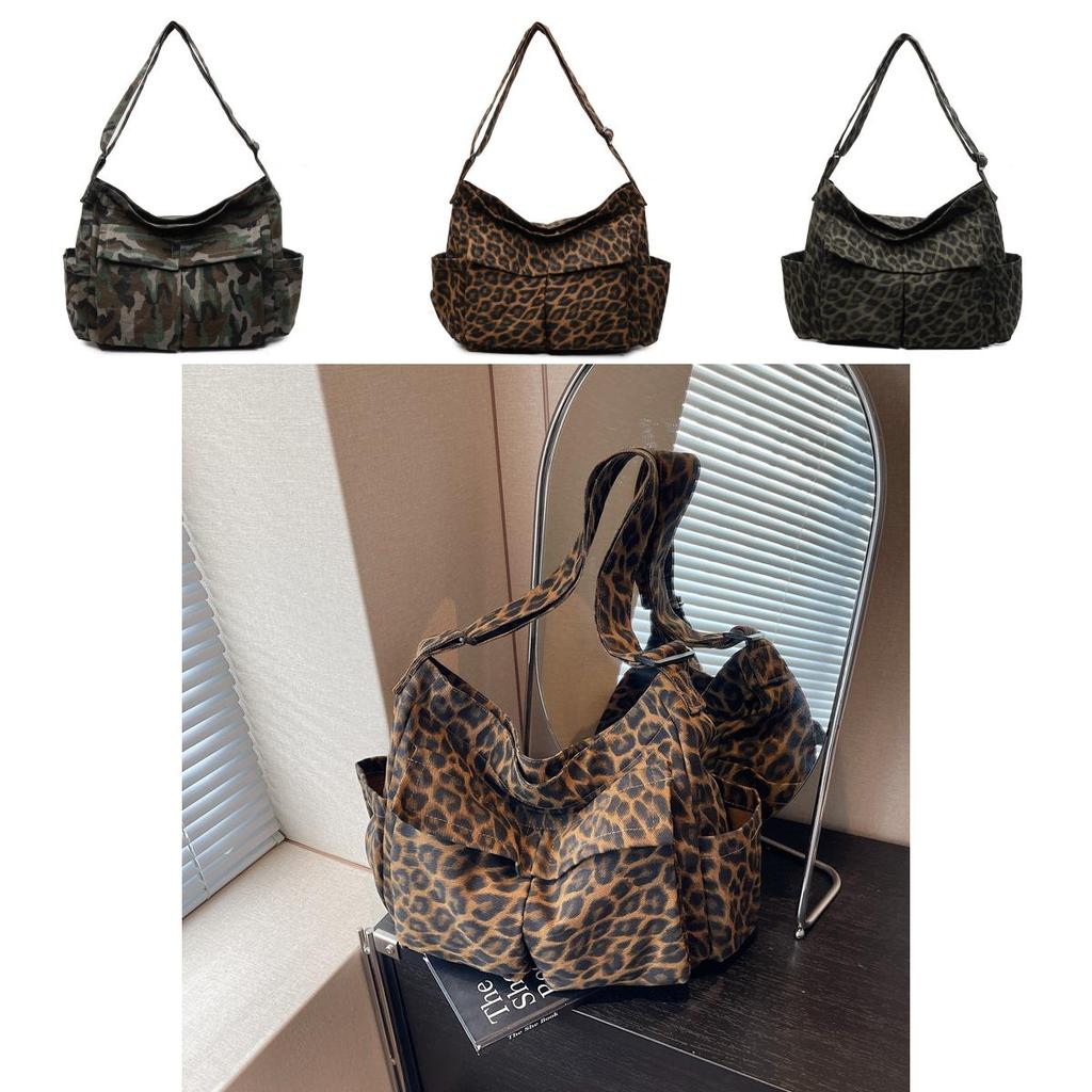 Camouflage Canvas Tote Bag With Leopard Pattern And Zipper Closure For Casual Outings