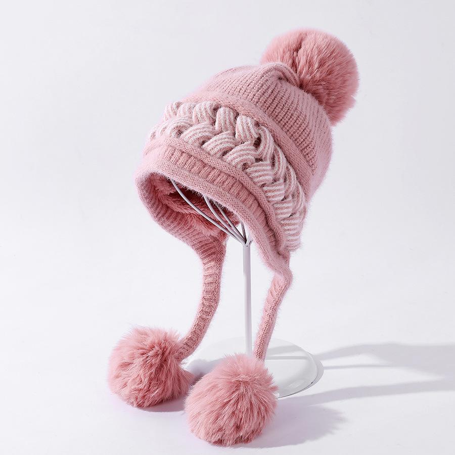 Knitted Hat for Women Color Matching Twisted Sanmao Ball Earmuffs Wool Hat Winter Versatile Casual Plus Velvet Warm Hat