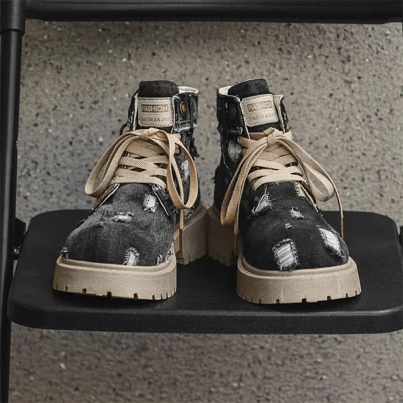 Fashion New 2024 Denim Lace-Up Men Boots Walking Travel Boots Japanese Style Flats Platform Ankle Boots Men Shoes Casual Dress