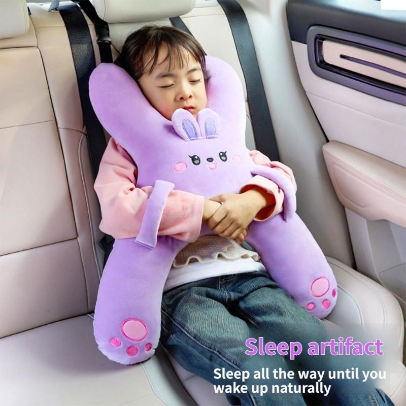 Children Car Seat Travel Pillow with H-Shaped Plush Side Handle Design, Soft Cushioned Filling and Top Loop for Child Ride Trip