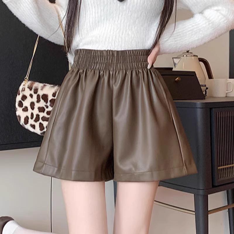 Dámské hnědé kožené šortky s vysokým pasem - Podzim/Zima 2023 Áčkový střih Slim Široké nohavice PU Móda.