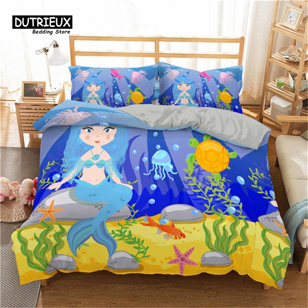 Cartoon Fish Dolphin Turtle Ocean Toddler Bedding Set For Kids Marine Themed Duvet Cover Microfiber Sea Creatures Quilt Cover