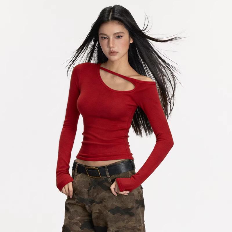 

Women s Red Off-Shoulder Hollow Long Sleeve Base Top - Spring/Autumn Petite Fit S [Under 45 kg] красный