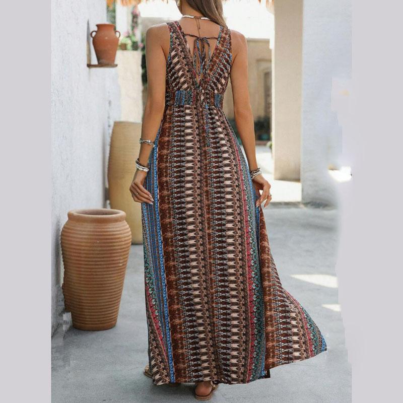 Women Bohemian Holiday Style Retro Printed Summer Strap Backless Bandage Big Hem One Piece Dress