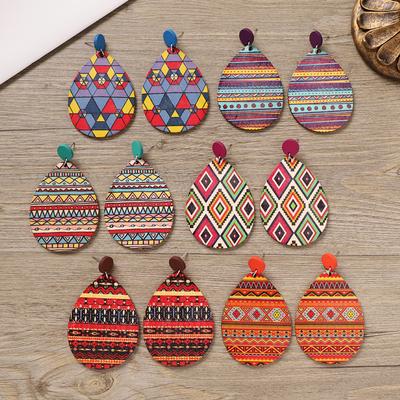 Bohemian Vacation Style Wooden Earrings Retro Exaggerated Personality Geometric Printing Earrings Temperament Long Women's Earrings