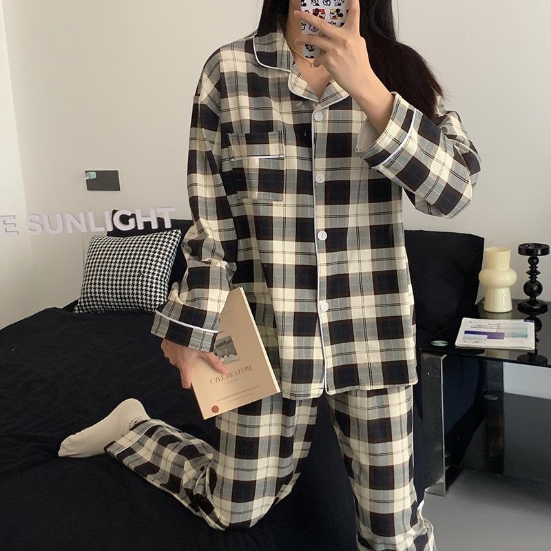 Korean version ins simple plaid pajamas women's spring and summer new girls long-sleeved home can be worn outside real shot