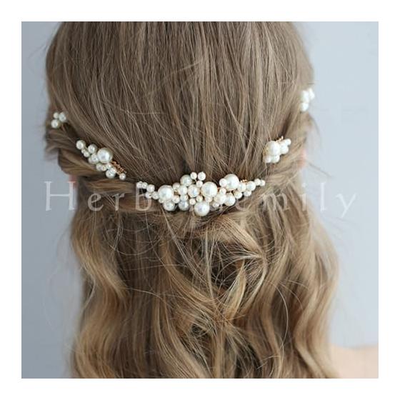 [Herbeluemily] Hair Accessories Set - Pearl Hair Pins for Weddings, Parties, and Formal Occasions (5-Piece Set, Clear x Gold, HM-0128-R10-CGD)