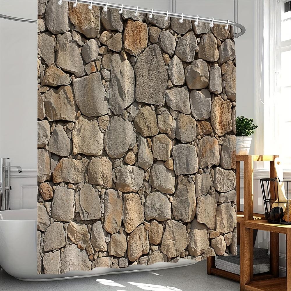 Stone Brick Wall Shower Curtain, Pastoral Farmhouse Design, Brown Gray Marble Rock Print, Machine Washable
