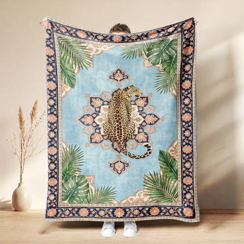 Medieval Wild Animal Flannel Throw Blanket Lion Tiger Leopard Floral Art Print Soft Warm Vintage Sofa Bedroom Home Decor