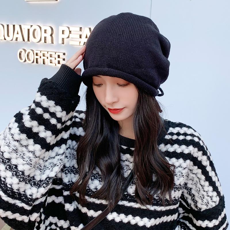 In Autumn and Winter The Drawstring Rolled Up Laid Back Style Pile Cap with Adjustable Headband and Postpartum Cap