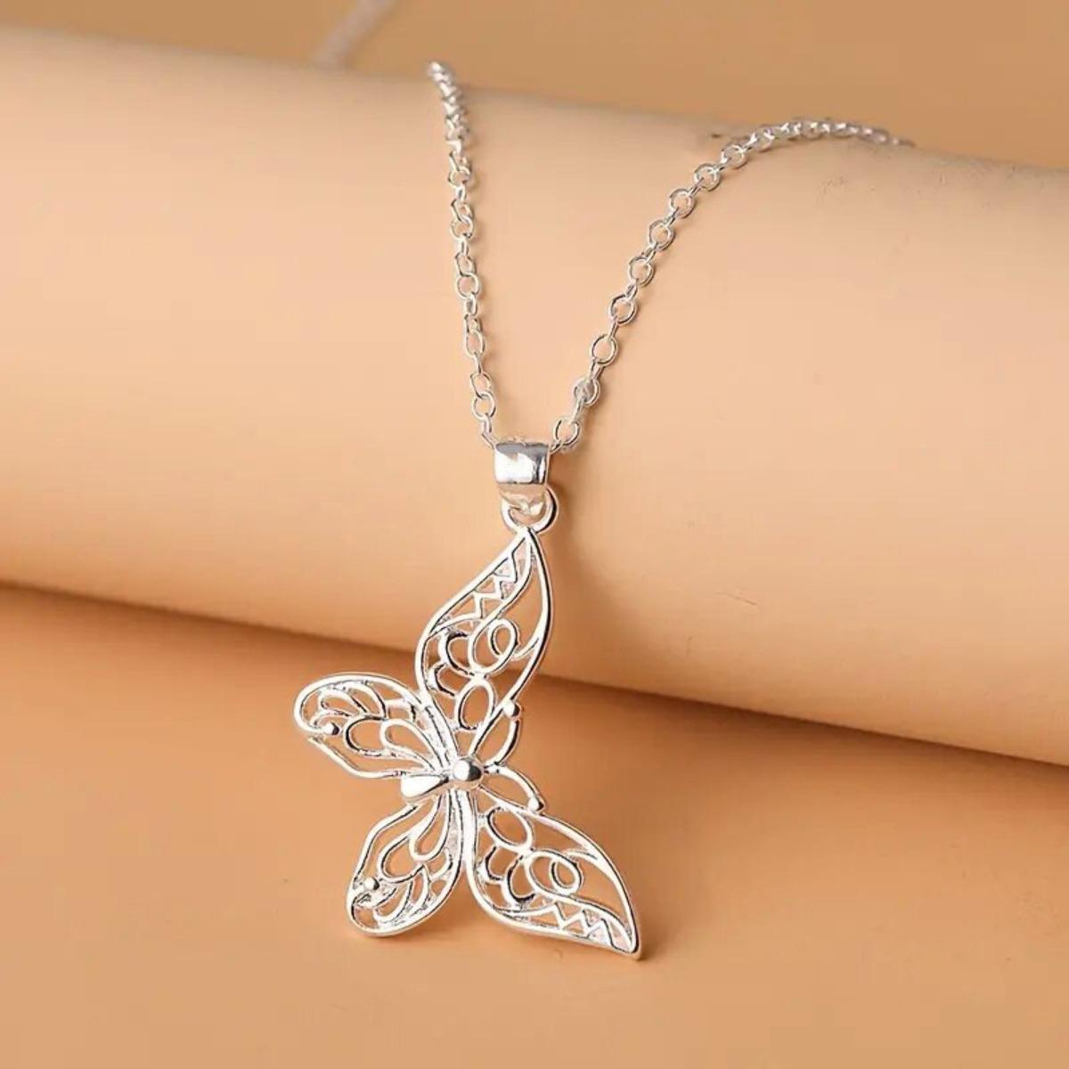 Filigree Butterfly Pendant Necklace Intricate Openwork Delicate Jewelry