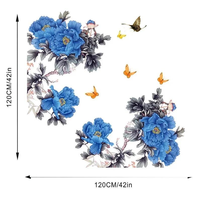 2024 New Blue Peony Flower Wall Sticker Home Decor Self-adhesive Living Room Sofa Background Decoration Stickers
