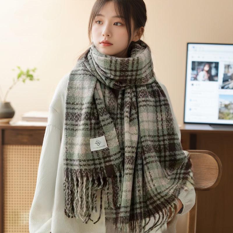 

Женский ретро клетчатый шарф из искусственного кашемира - Зима 2023 Теплый, Толстый, Защищающий от холода, Универсальный утеплитель для шеи зелёный