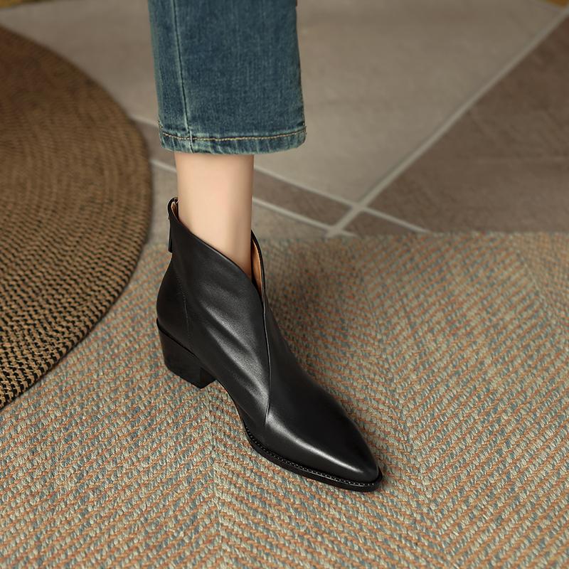 2024 Tömör Alap Női Bokacsizma Spitze Orr Érett Cipők Nő Hátul Cipzáros Ősz Tél Új Valódi Bőr Irodai Hölgy