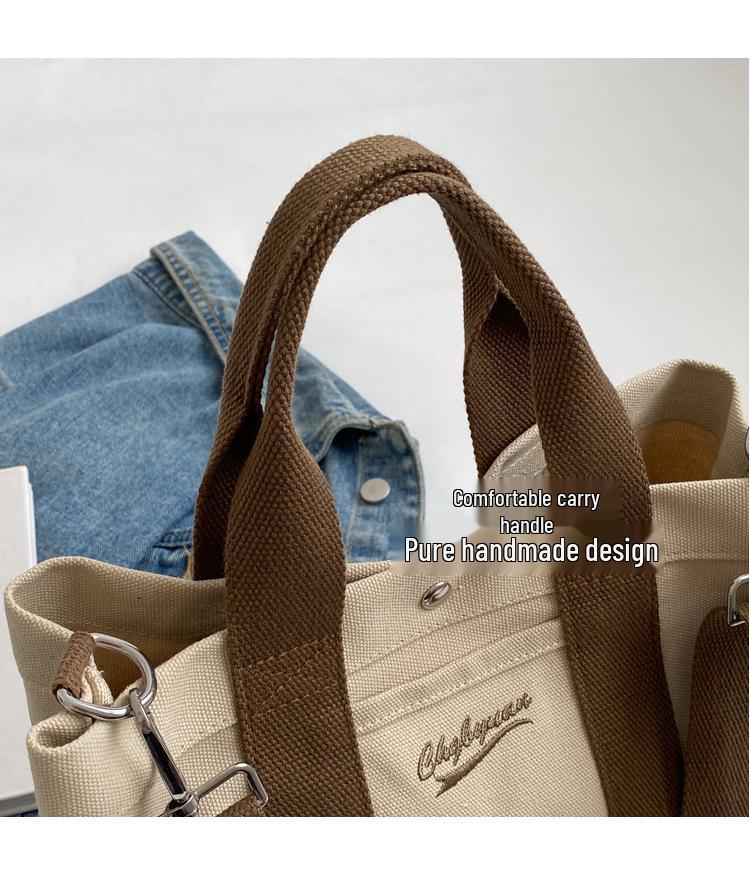 Japanese Color Block Canvas Tote: Lightweight, Large-Capacity, Versatile Handbag for Women - Shoulder or Crossbody Use.