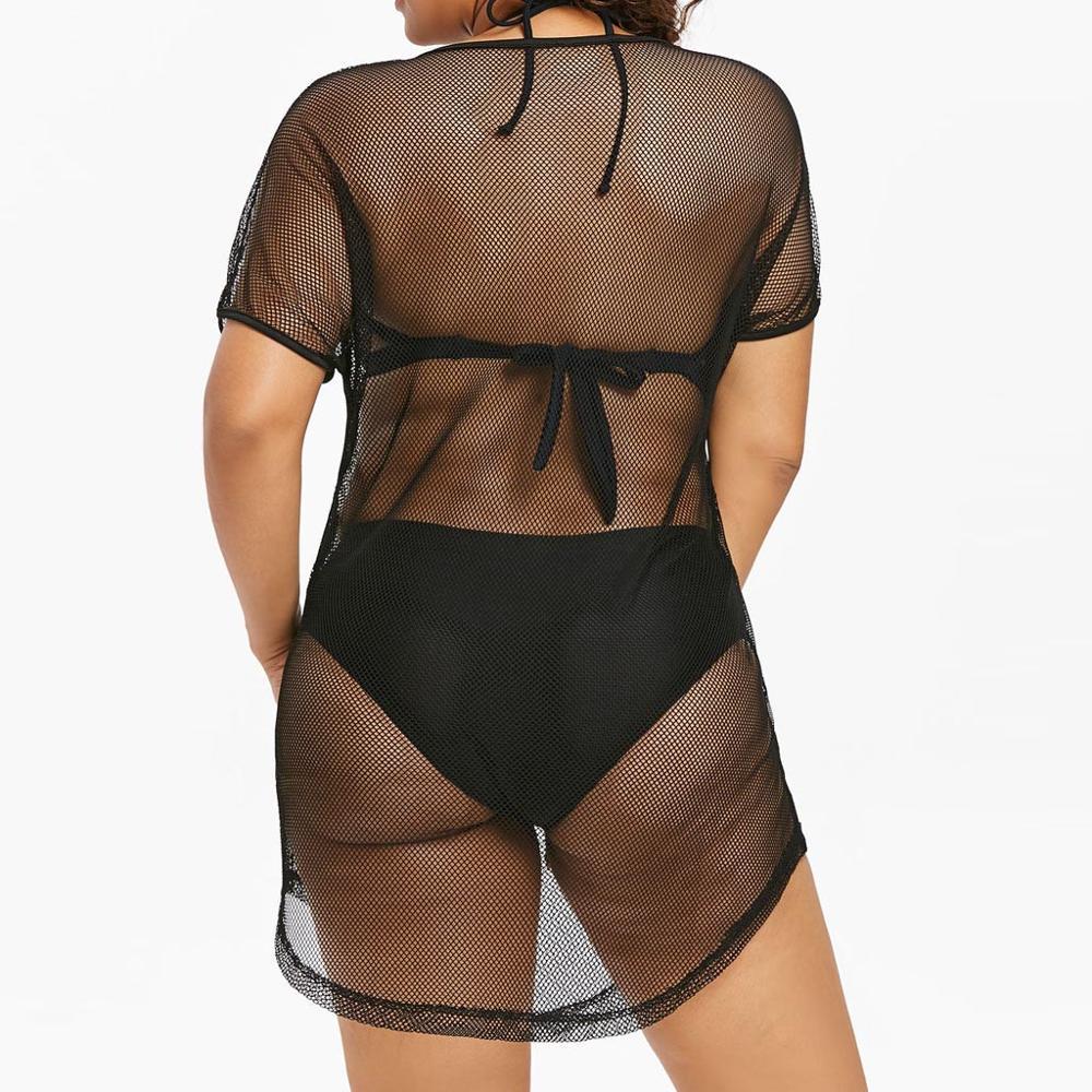 Women Mesh Sheer Bikini Cover Up Sexy See Through Swimwear Long Sleeve One Piece Beach Dress