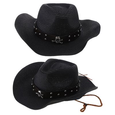 Decorações de Caveira de Metal Chapéu de Palha Tecido para Mulheres Homens Primavera Verão Elegante Senhora Homem Igreja Chapéu de Cosplay Ajustável