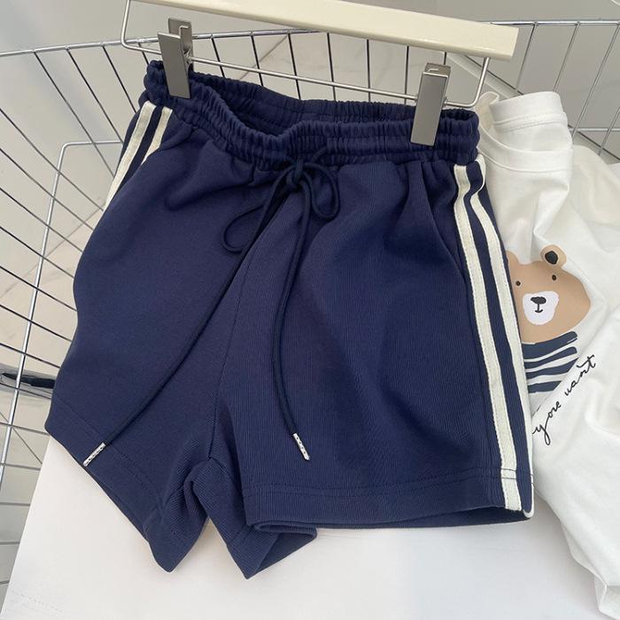 

Шорты женские повседневные хлопковые в полоску с высокой посадкой больших размеров - Летний корейский стиль с карманами Extra Large темно-синий