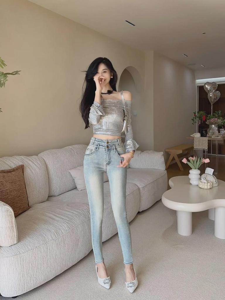 High-Waisted Skinny Jeans - Light Flared, Elastic, Slim Fit, New Spring/Summer American Style.