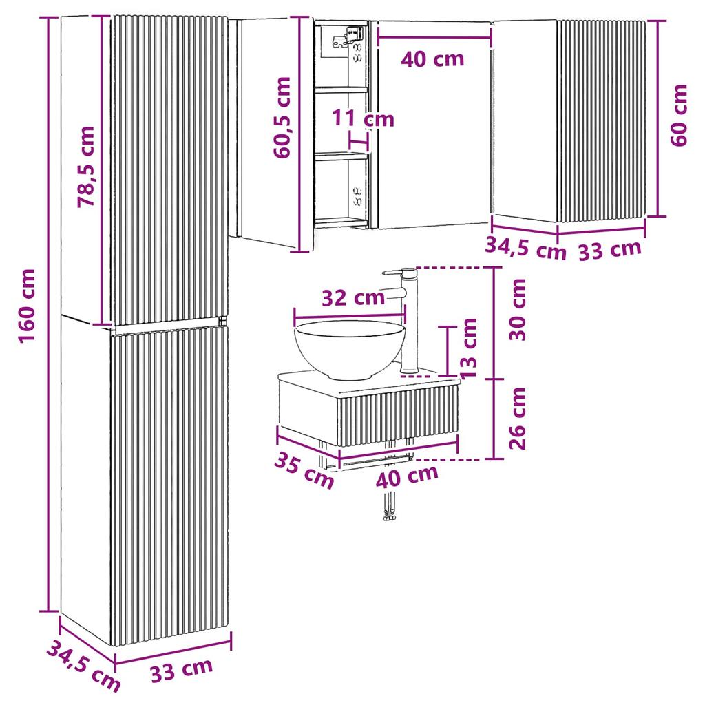 5 Piece Bathroom Furniture Set in Concrete Grey Made of Engineered Wood and Glass