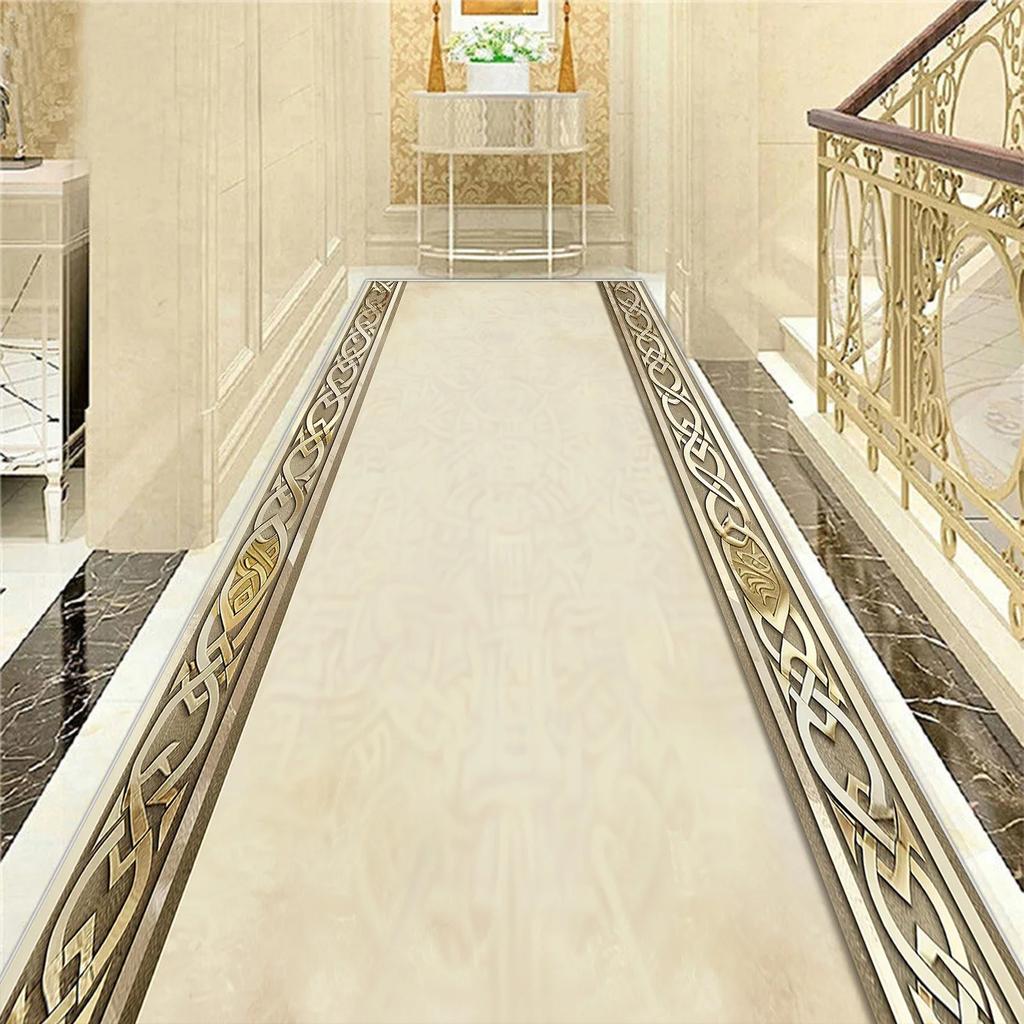 Golden Luxury Long Corridor Carpet Nordic Style Villa Hallway Carpet Non-slip Washable Lobby Aisle Rug Customizable Runner Mat