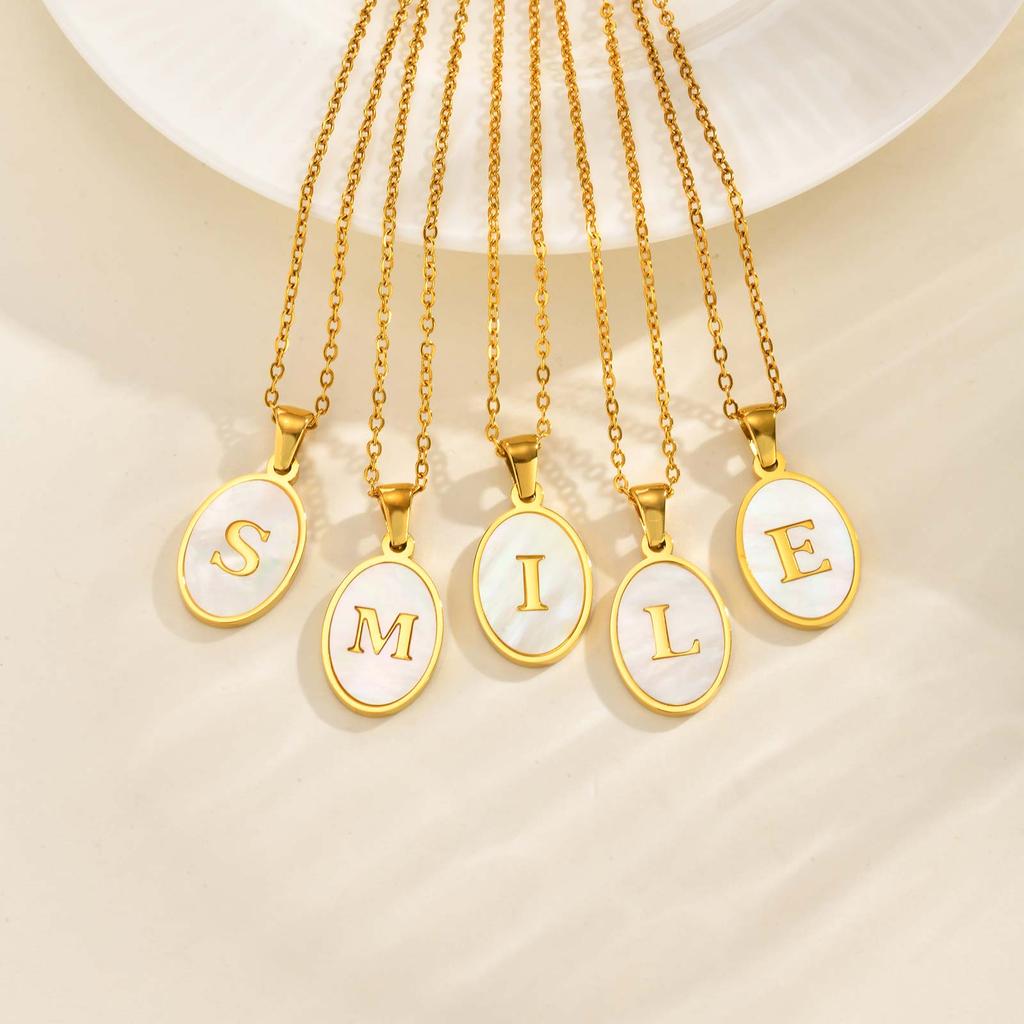 Stainless Steel Oval White Shell Letter A-Z Initial Pendant for Women,Gold Plated 26 Letters Necklaces,Trendy Jewelry Gift
