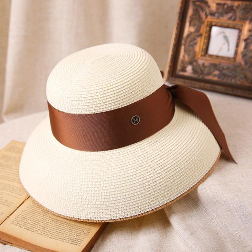 Hepburn Bow Ribbon Sun Hat Women'S Straw Hat Bucket Hat Color Sunscreen Sun Hat Beach Hat