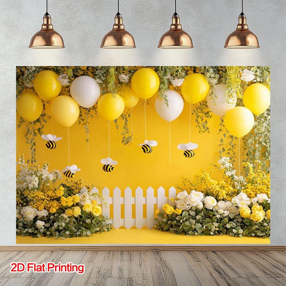 One 2D Printed Yellow Bee Garden Scene Background Fabric, Made of Polyester Fiber, for Home Use.