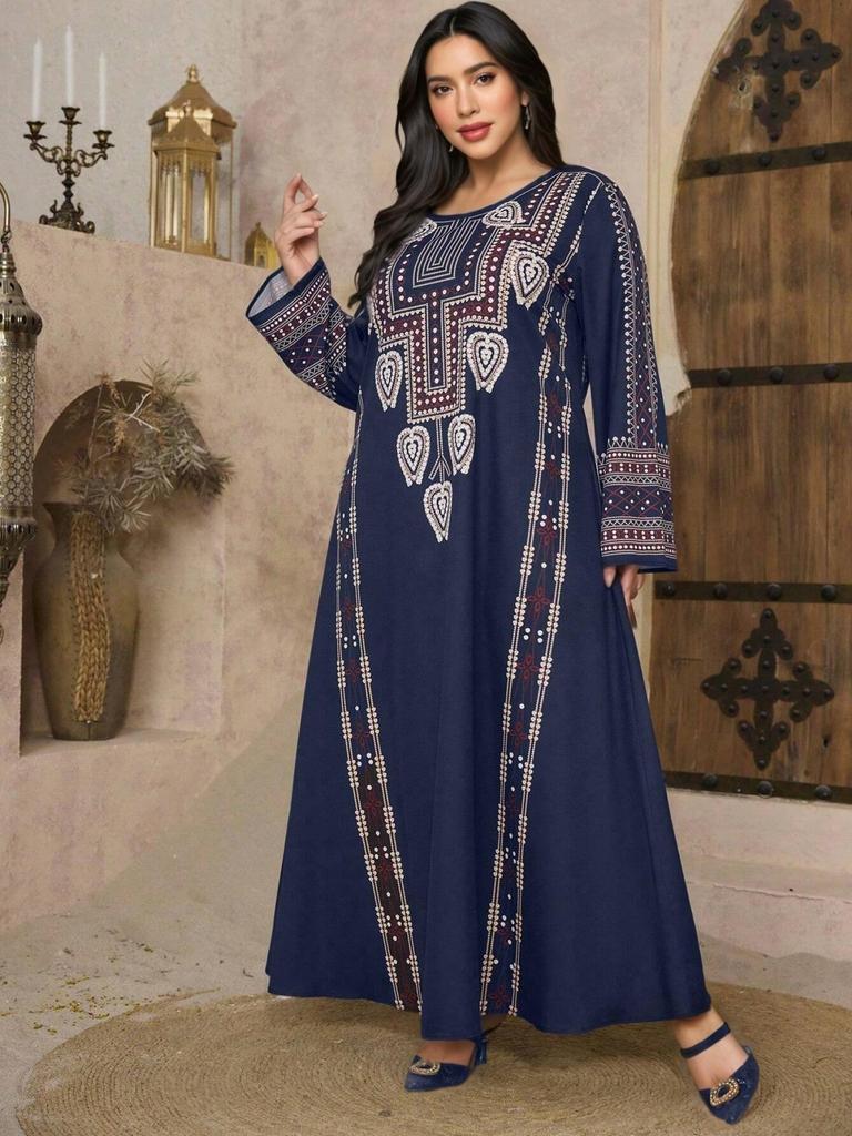 Middle Eastern Ethnic Style Navy Blue Plus Size Long Dress with Long Sleeves