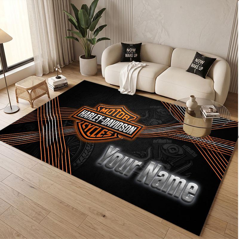 Custom Rug Harley-Davidson Pattern Print Name Text Soft Non‑Slip Floor Carpet for Home Indoor Decoration
