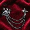 Dark Light Zircon Brooch Men's Pin with Chain, British Crown Cross Angel Lapel Pin, Rhinestone Suit Cool Tone Silver Badge Tassel Chain for