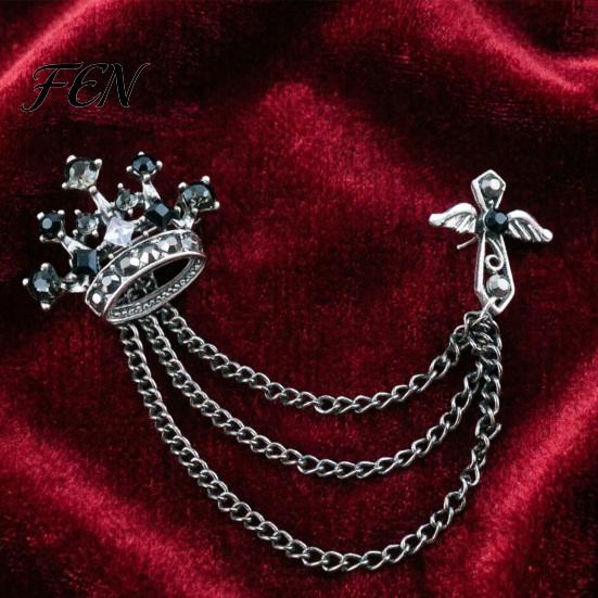 Dark Light Zircon Brooch Men's Pin with Chain, British Crown Cross Angel Lapel Pin, Rhinestone Suit Cool Tone Silver Badge Tassel Chain for