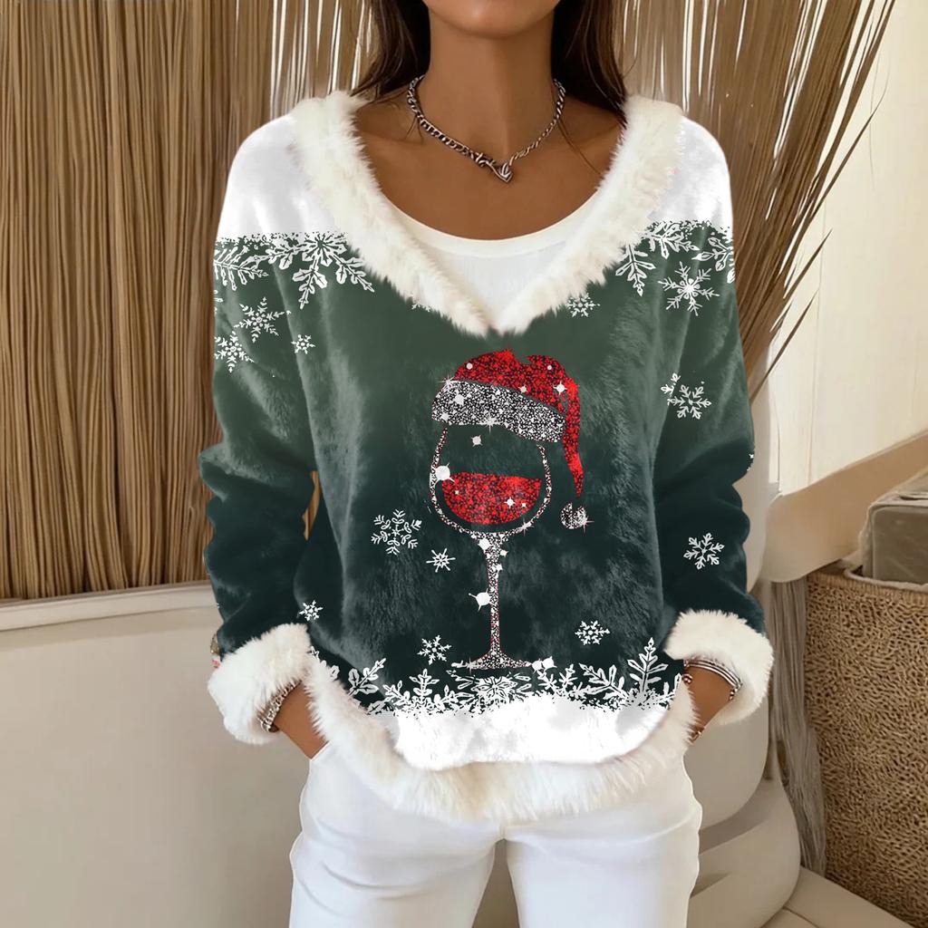 Dame Mote Plysj V-hals Pullover Topp Langermet T-skjorte Juletrykket Genser