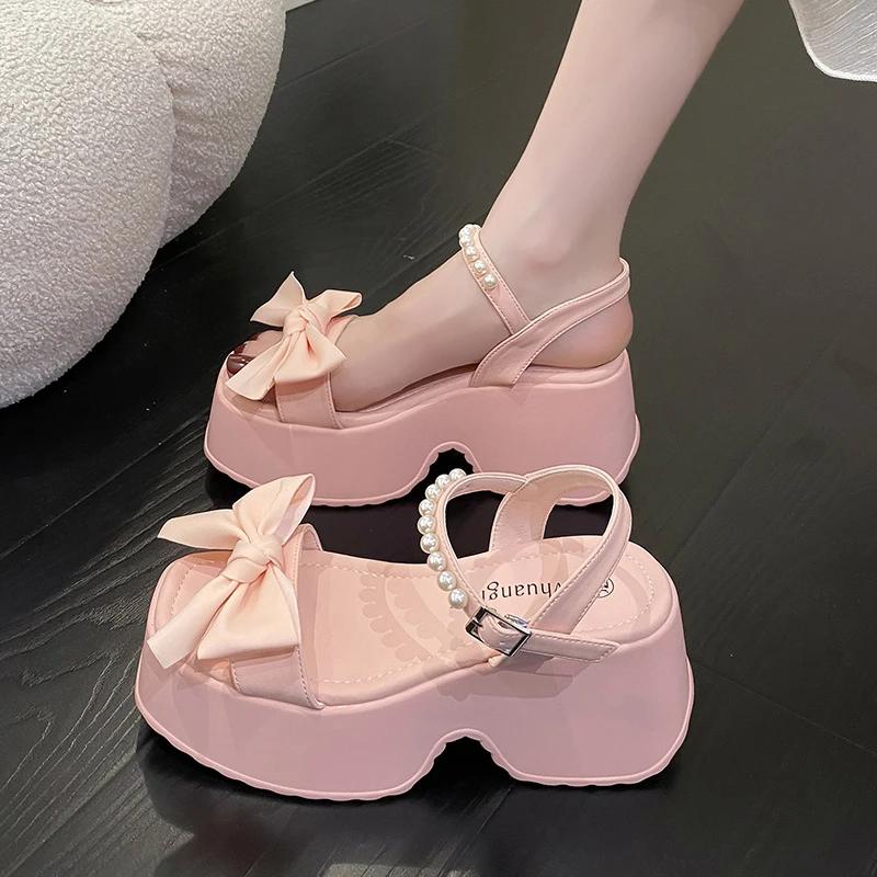 Korean Version Bowknot Margarite Thick Bottom Roman Sandals 2024 New Fashion Casual All-match Solid Color Heels Women Summertime