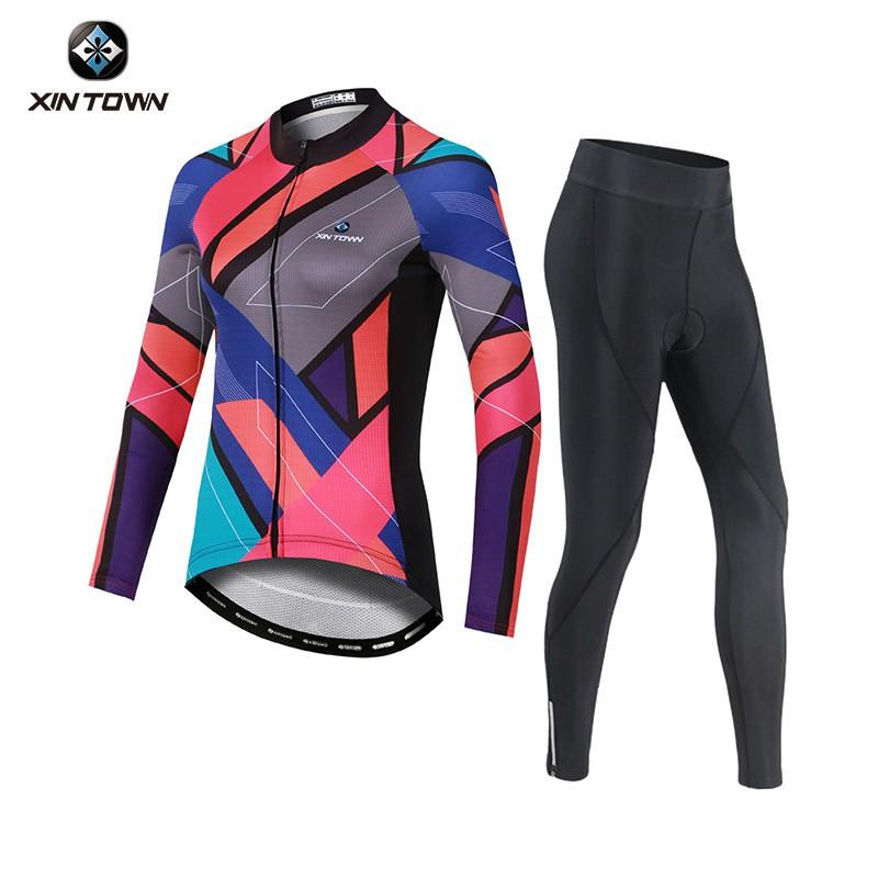 Womens Cycling Jersey Shorts Set Breathable Quick-Dry Long Sleeve Bike Outfit Road Mountain Riding