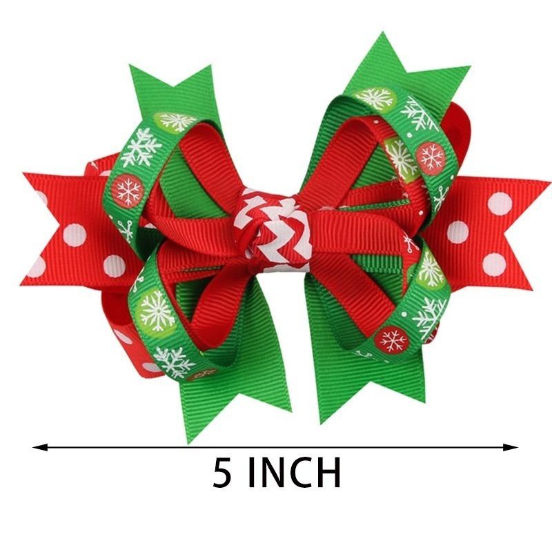 Girls Christmas Hair Bows Printing Snow Layered Green Tree Hair Clips for Festival Dots Hairpins Headwear Hair Accessories (Style Random)