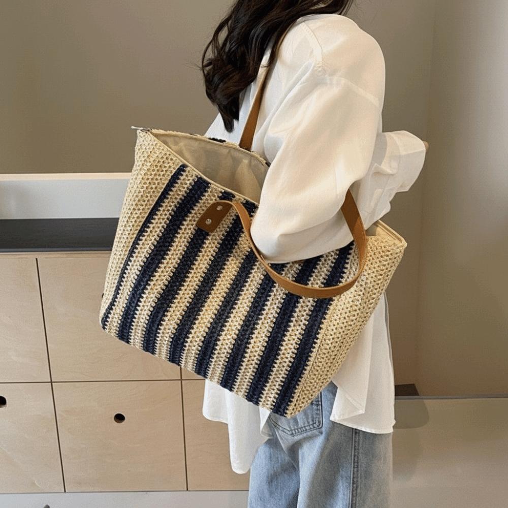 Striped Straw Shoulder Bag Bohemian Women Shopping Handbag Portable Weave Tote Bag Girl