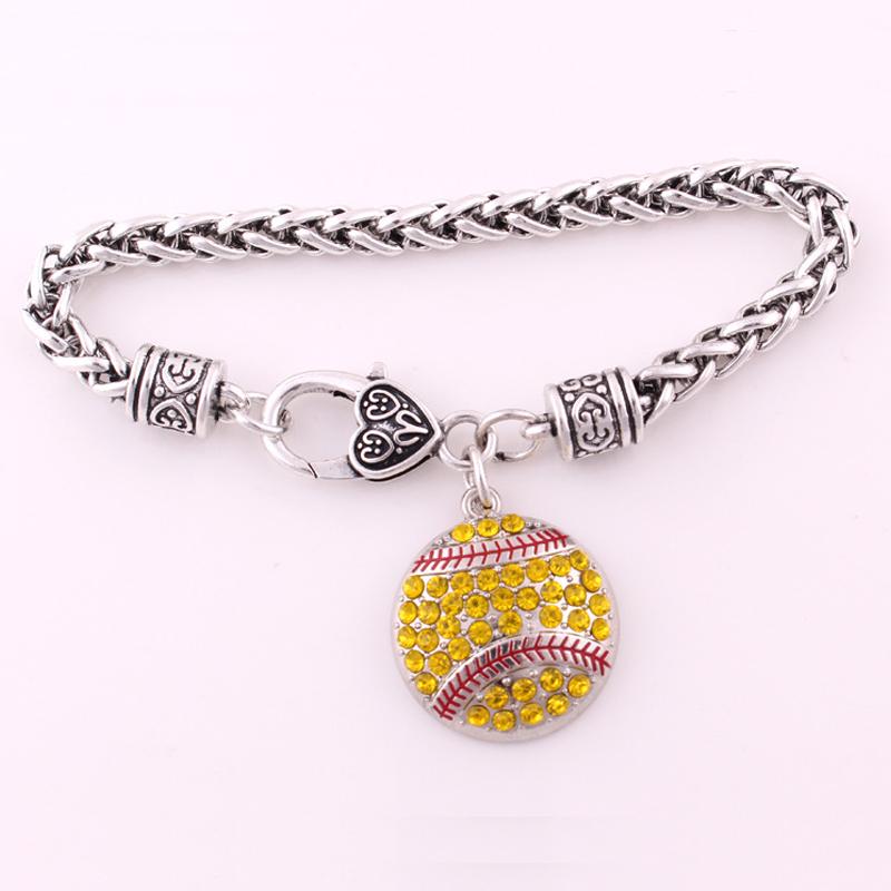 Full Rhinestones Round Softball Baseball Pendant Heart-shaped Lock Men and Women Bracelet